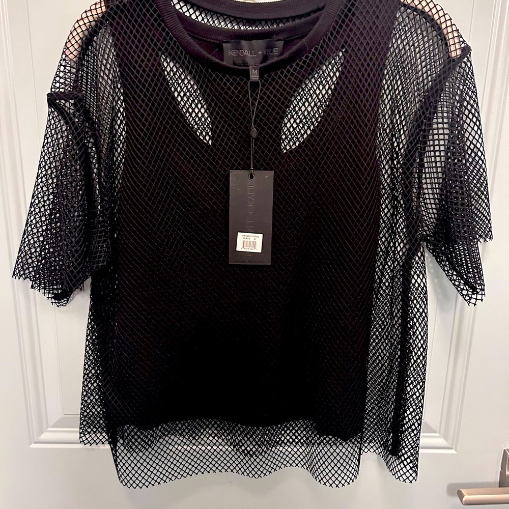 2 piece black stretchy tank under mesh tee.